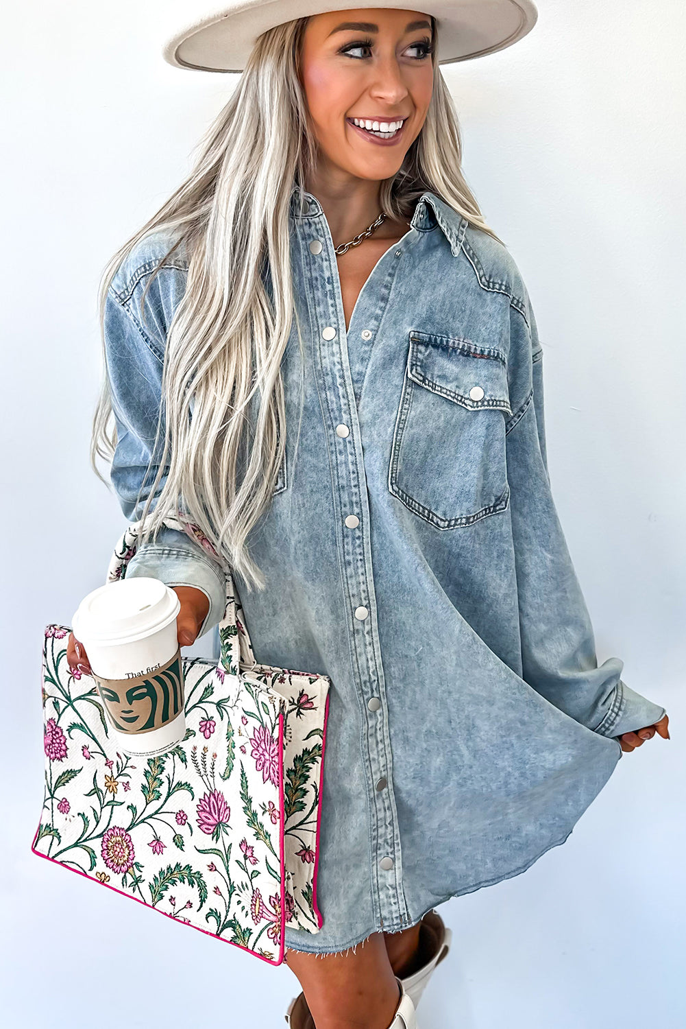 Chest Pocket Raw Hem Denim Loose Shirt Dress