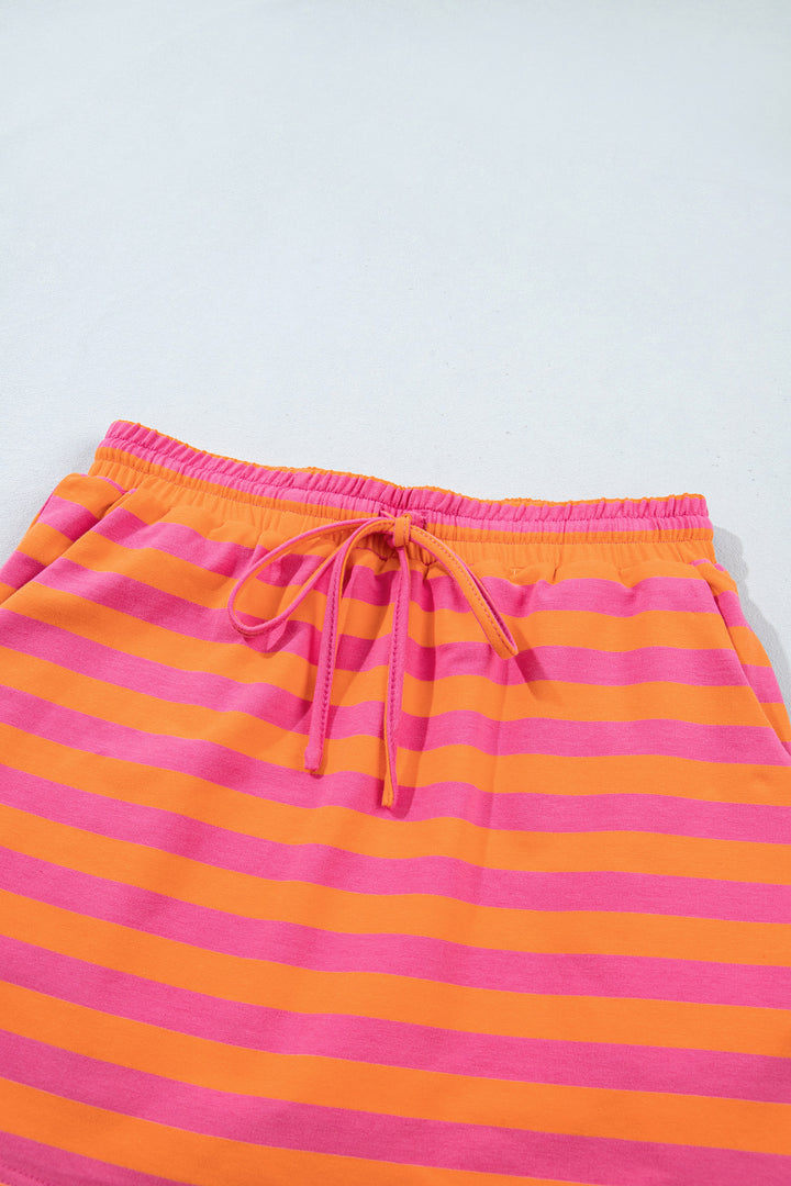 Orange Stripe Color Block Patchwork Mock Neck Pullover Drawstring Mini Skort Set