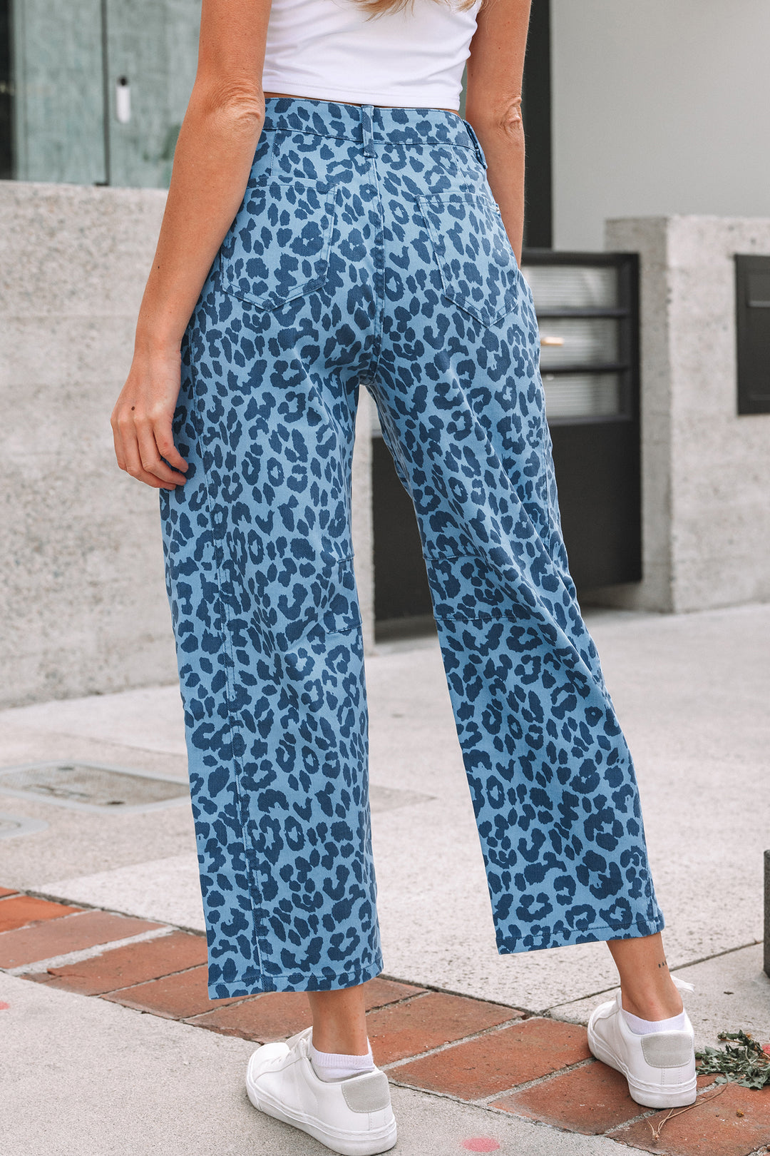 Sky Blue Leopard Print Barrel Leg Jeans