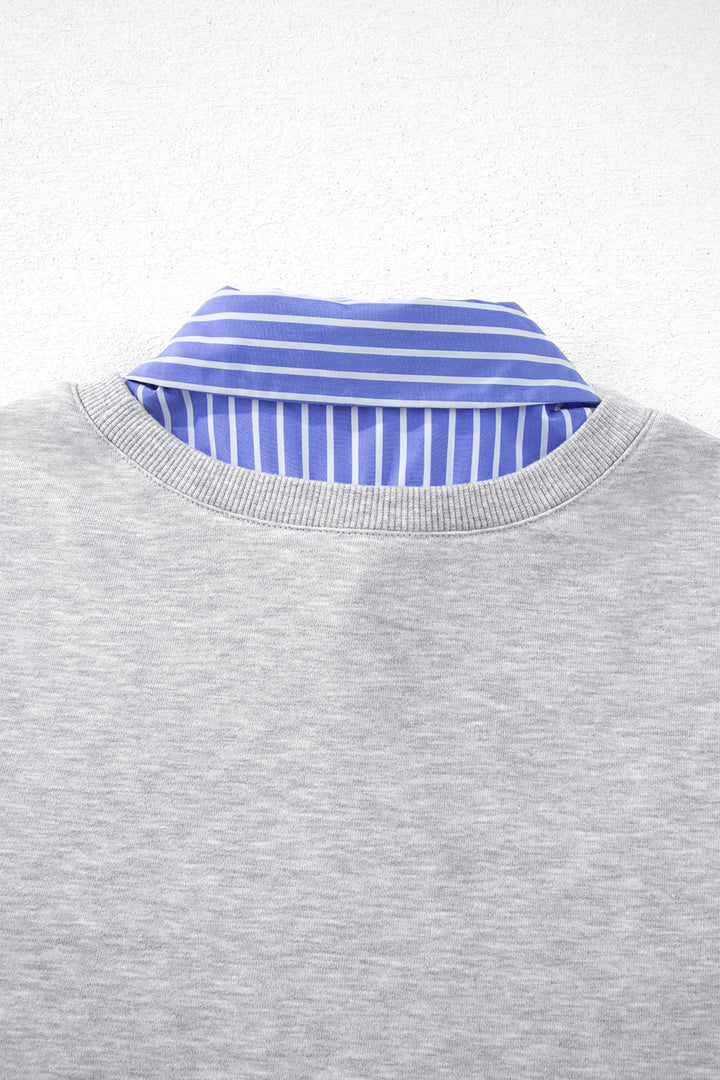 Light Grey Striped Collar 2-in-1 Patchwork Casual Loose Sweatshirt
