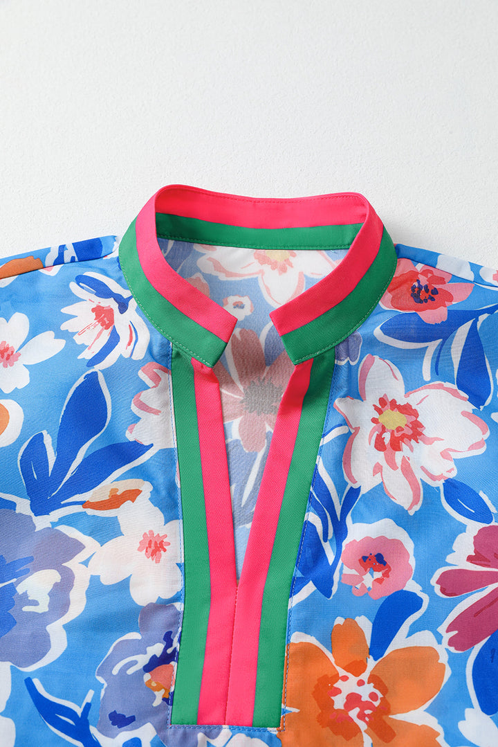 floral colorblock edge puff sleeve split neck blouse