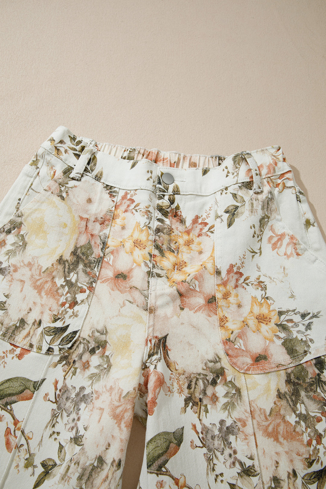 Beige Vintage Style Floral Print High Waist Wide Leg Jeans