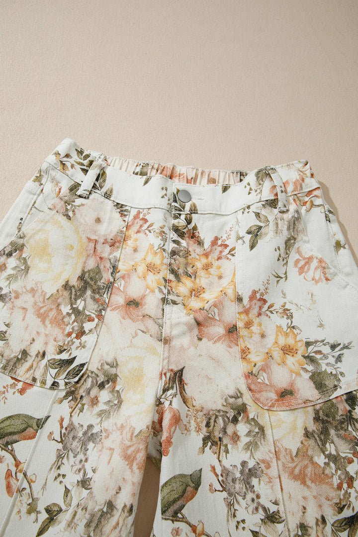 Beige Vintage Style Floral Print High Waist Wide Leg Jeans
