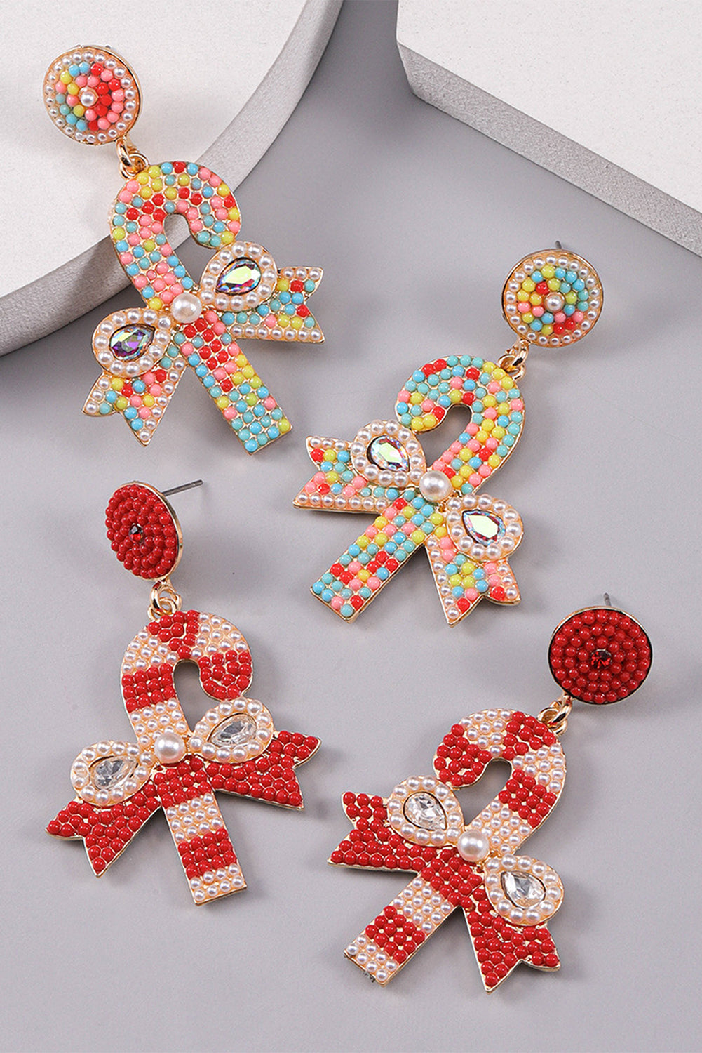 Christmas Candy Cane Pearl Beaded Dangle Earrings