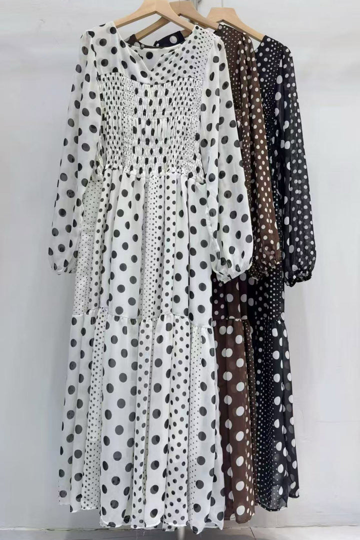 White Polka Dot Contrast Patchwork Long Sleeve Shift Dress