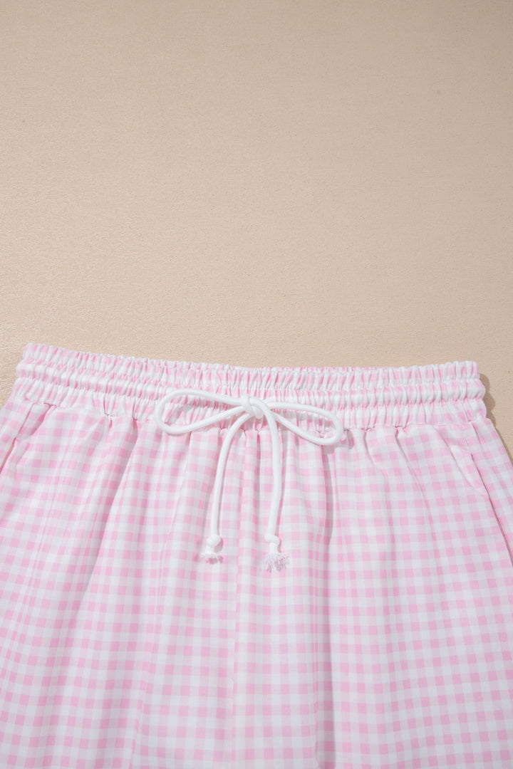 Pink Plaid Zip Neck Sleeveless Top Elastic Waist Shorts Casual Two Piece Short Set