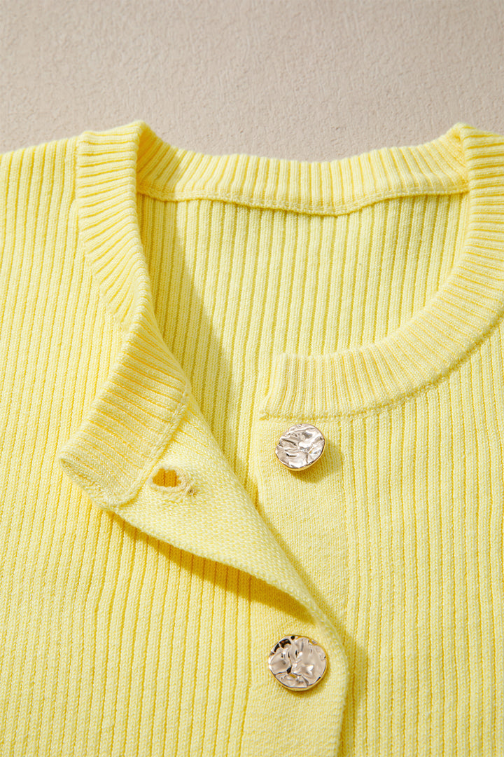 Yellow Cream Ribbed Knit Contrast Frilled Short Sleeve Sweater Cardigan