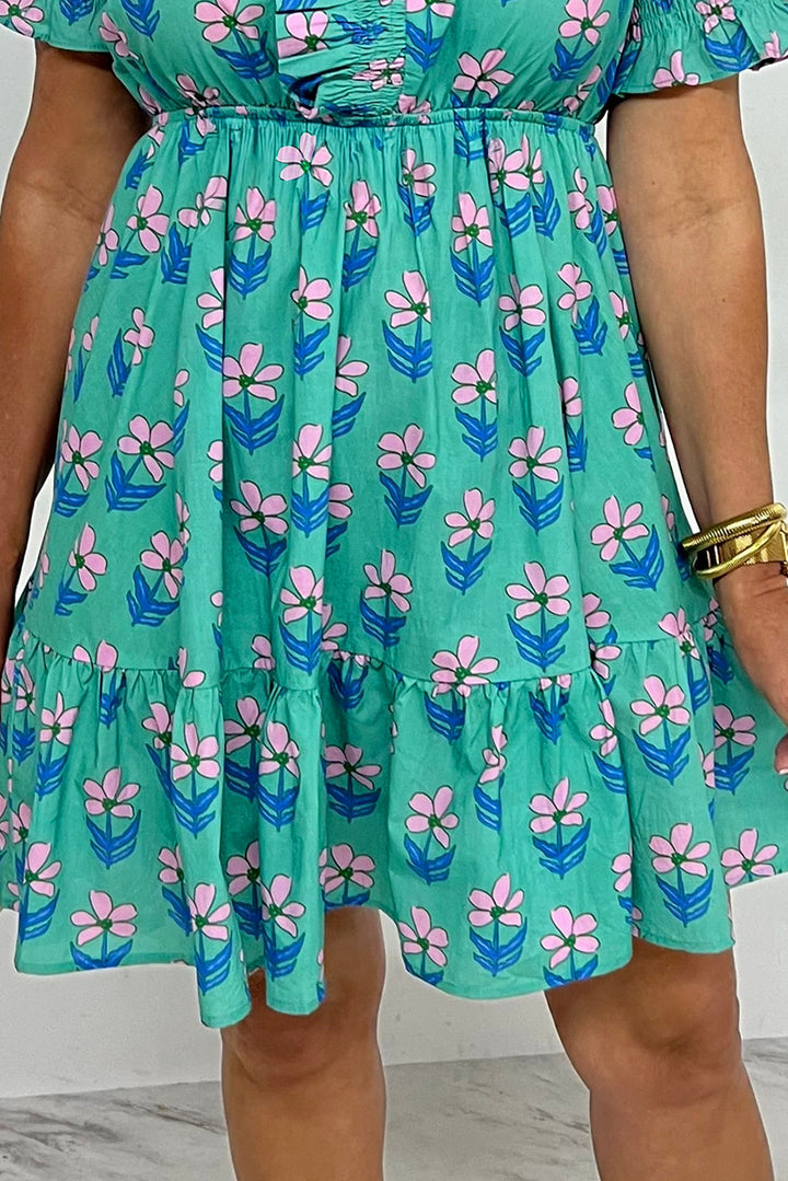 Green Floral Print Frilly Smocked Detail High Waist Mini Dress
