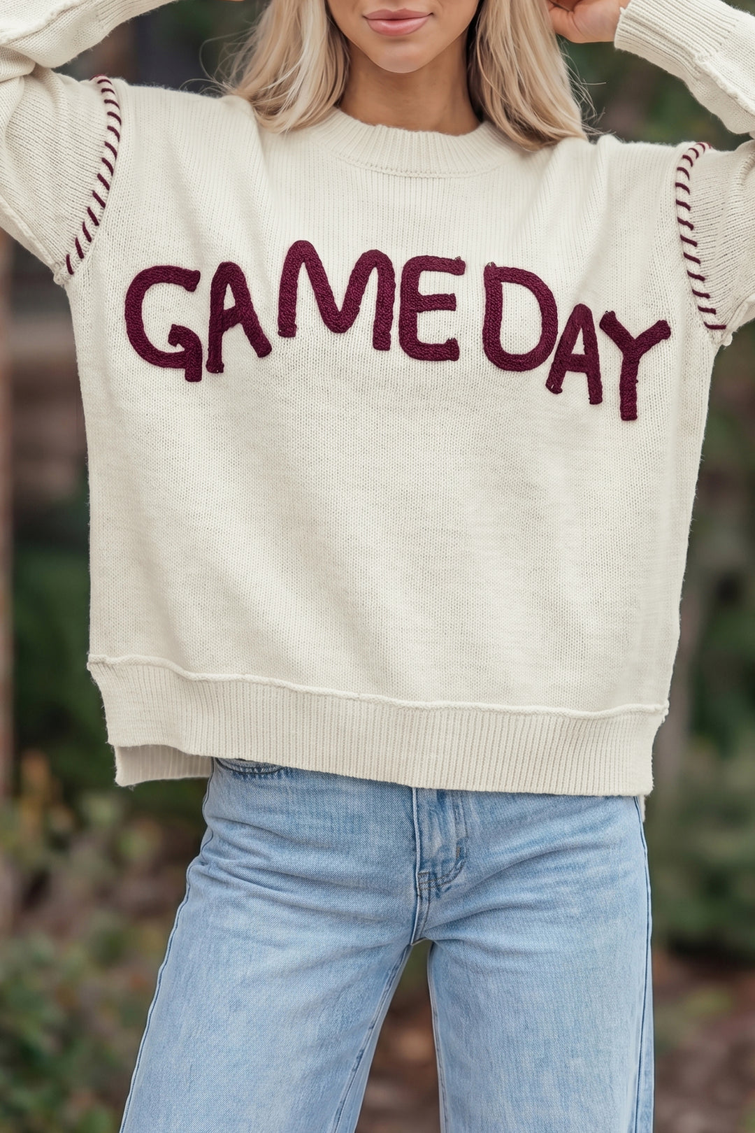 Beige Drop Shoulder Game Day Letter Print Pullover Sweater