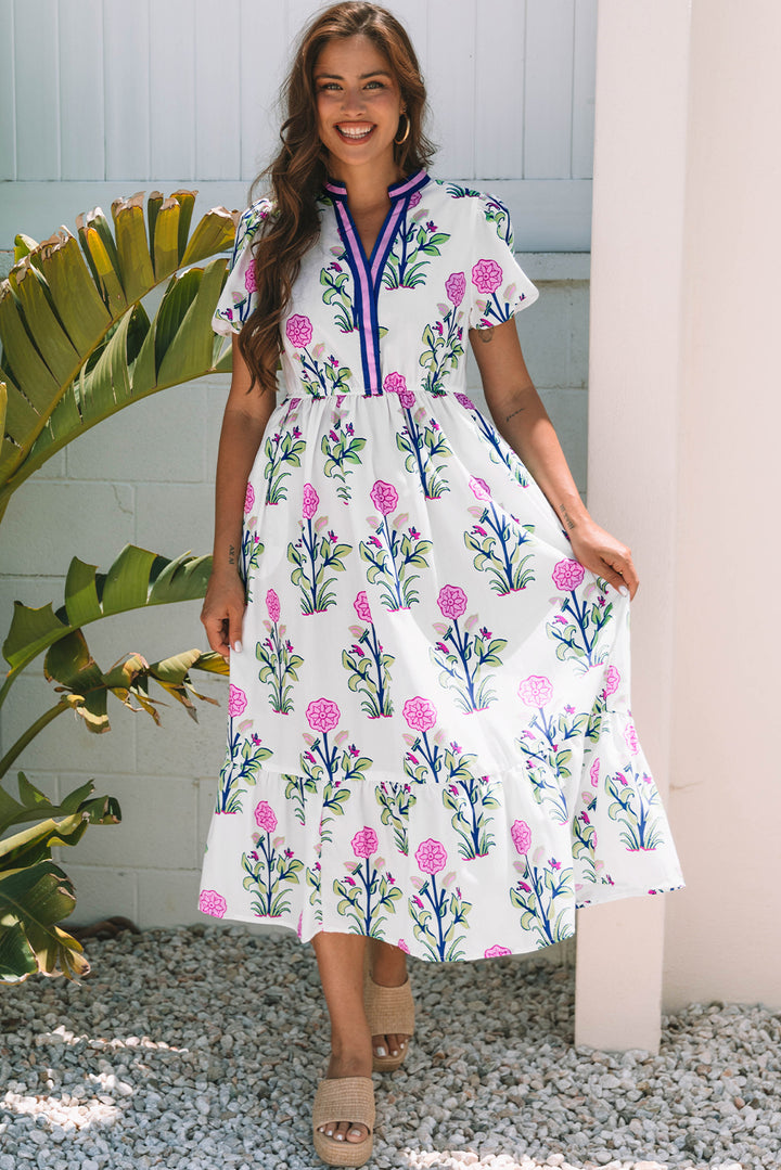 Chic White Floral Puff Short Sleeve V Neck Maxi Dress