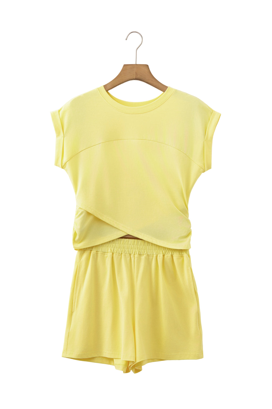 Yellow Cream Solid Short Sleeve Elastic Waist Pocket Casual Two Piece Short Set