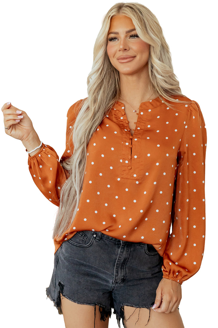 Brown Polka Dot V Neck Long Sleeve Blouse