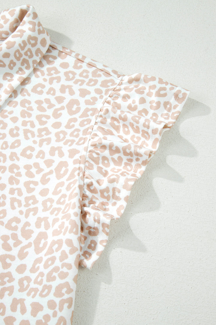 Beige Leopard Zip Polo Top 2pcs Short Set