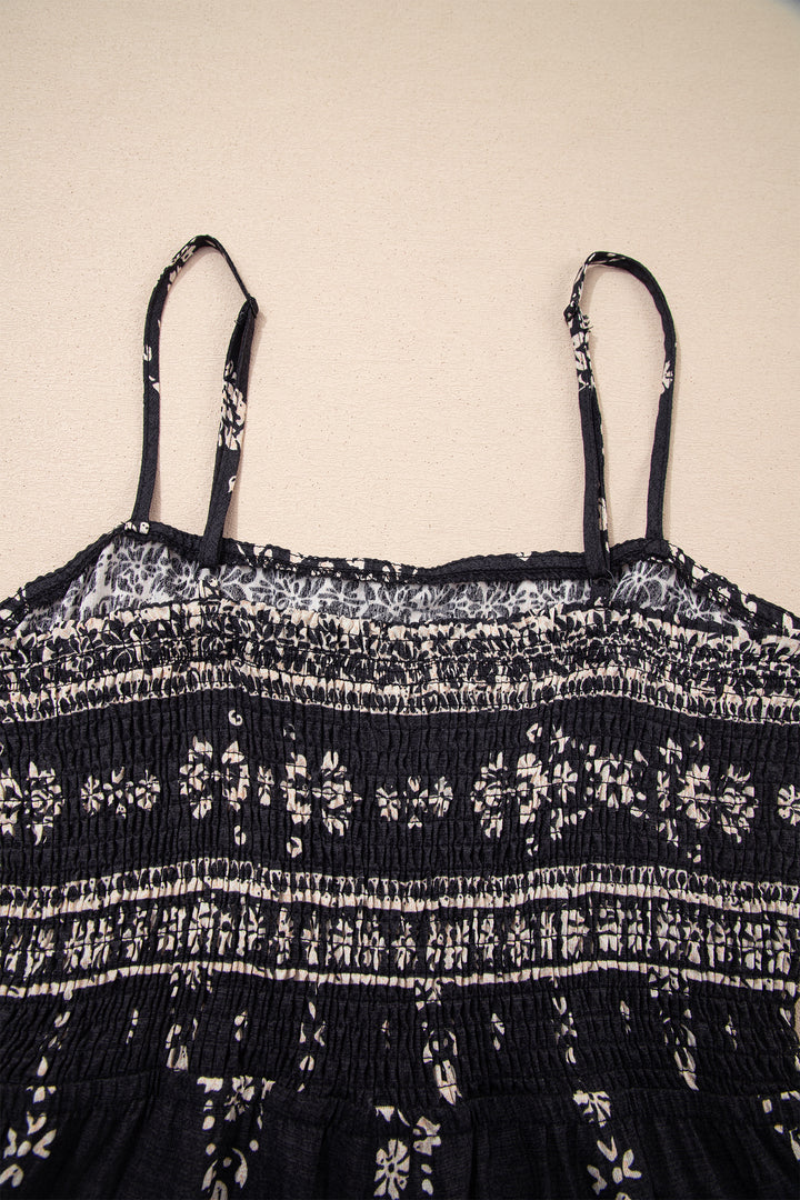 Black Spaghetti Straps Elastic Waist Loose Ethnic Print Jumpsuit