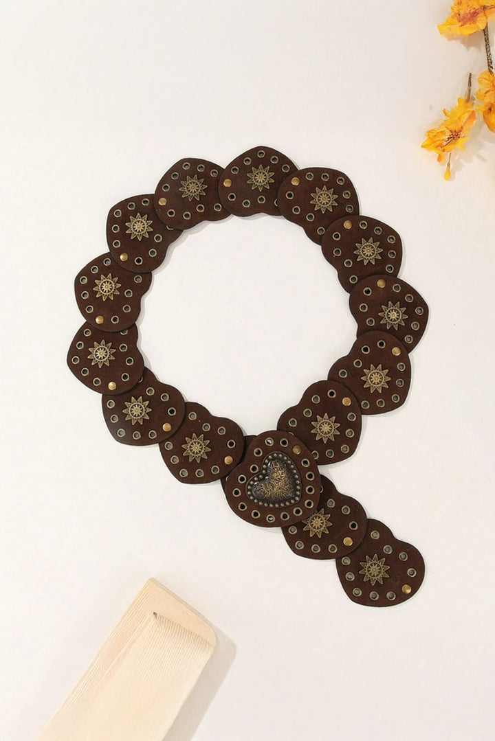 Ceinture bohème vintage en PU avec détails en bronze et cœur connecté