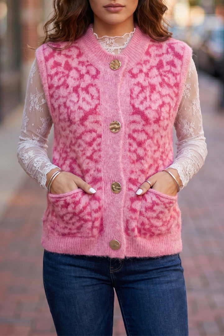 New Pink Leopard Print Knit Sleeveless Regular Wash Sweater Vest