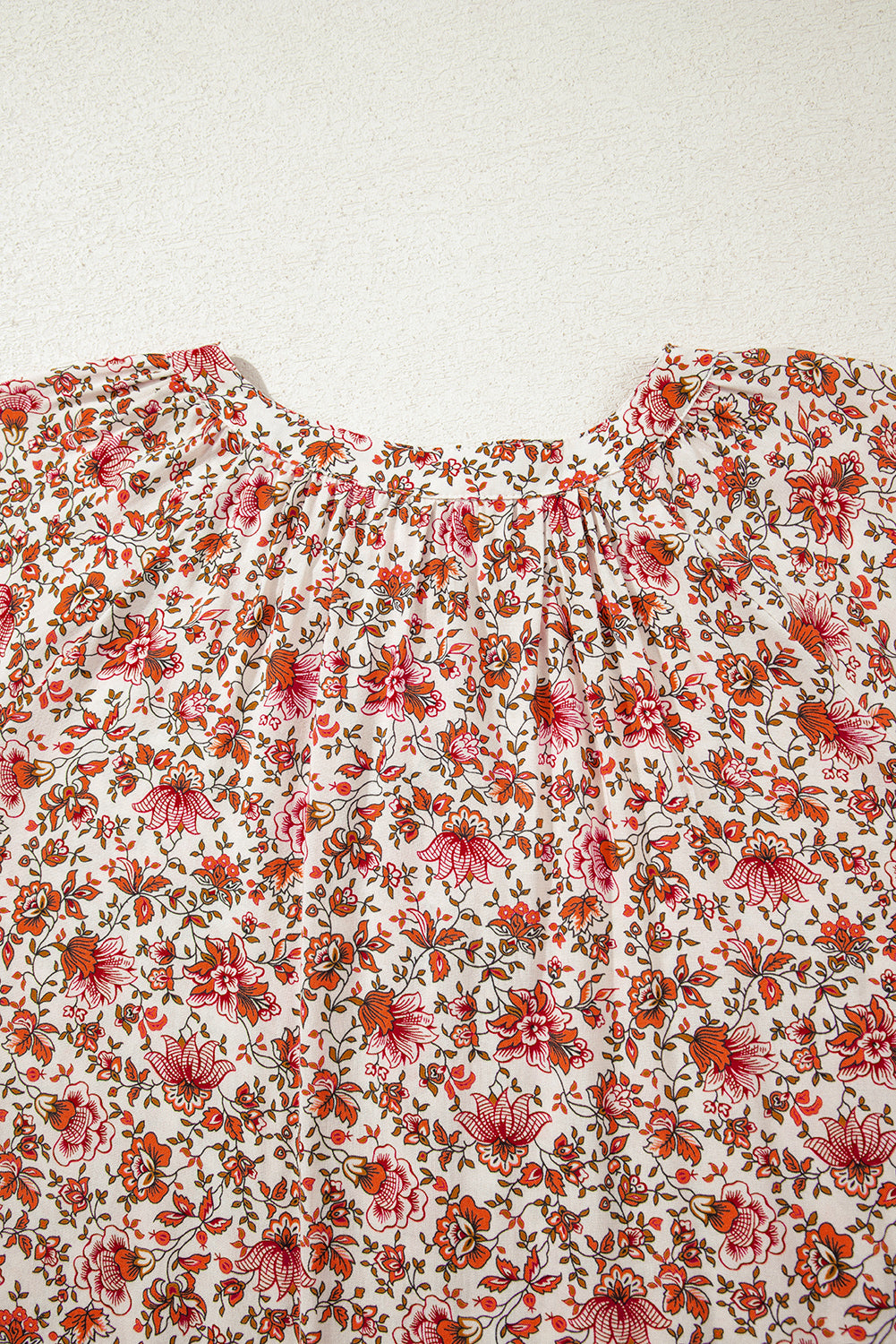Floral Print Pleated Detail Notched Neck Puff Sleeve Blouse