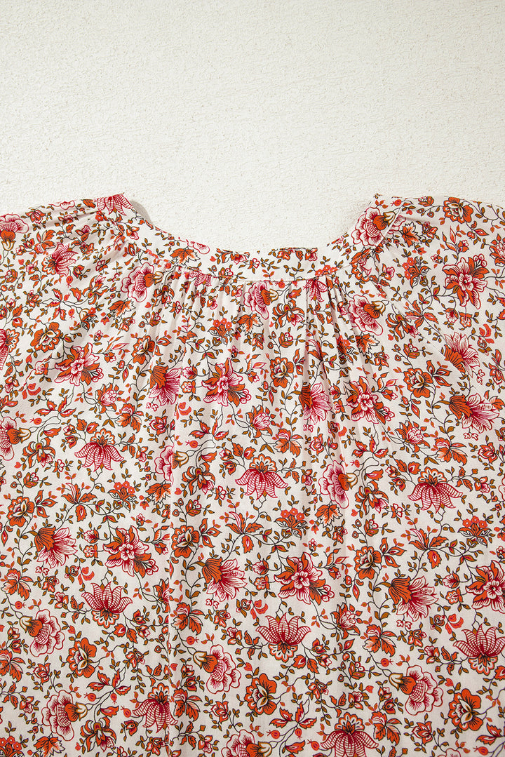 Floral Print Pleated Detail Notched Neck Puff Sleeve Blouse