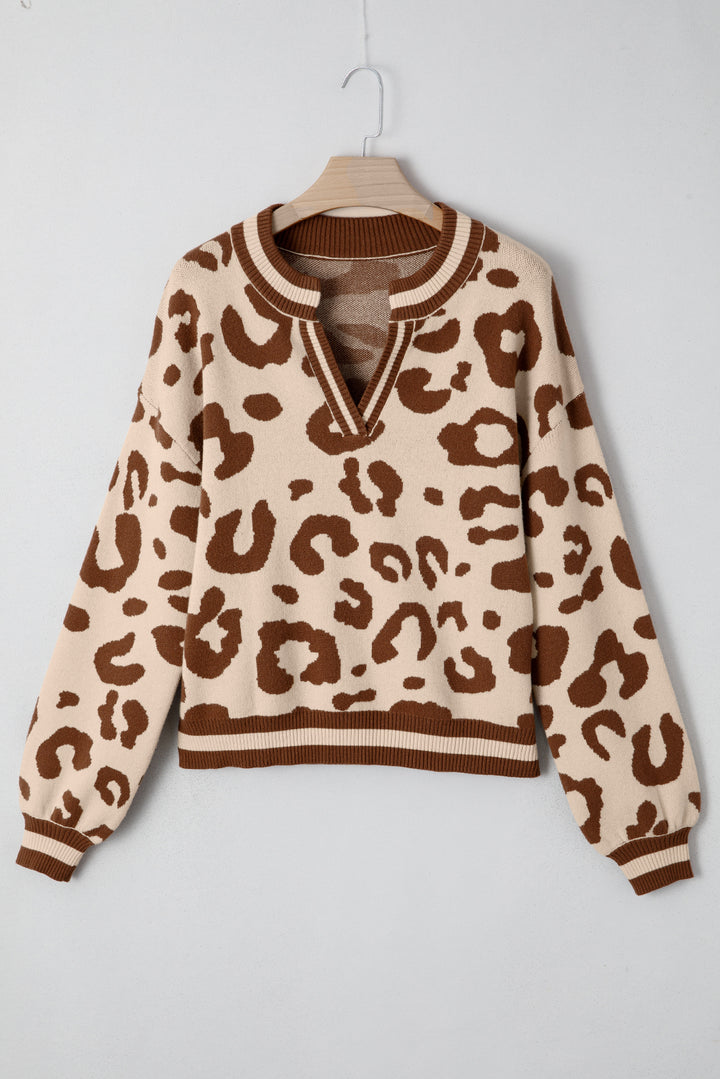 Light French Beige Leopard Printed Knit V Neck Casual Sweater