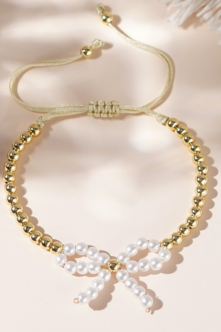 Pearled Bow Knot Plated Beads Adjustable Bracelet