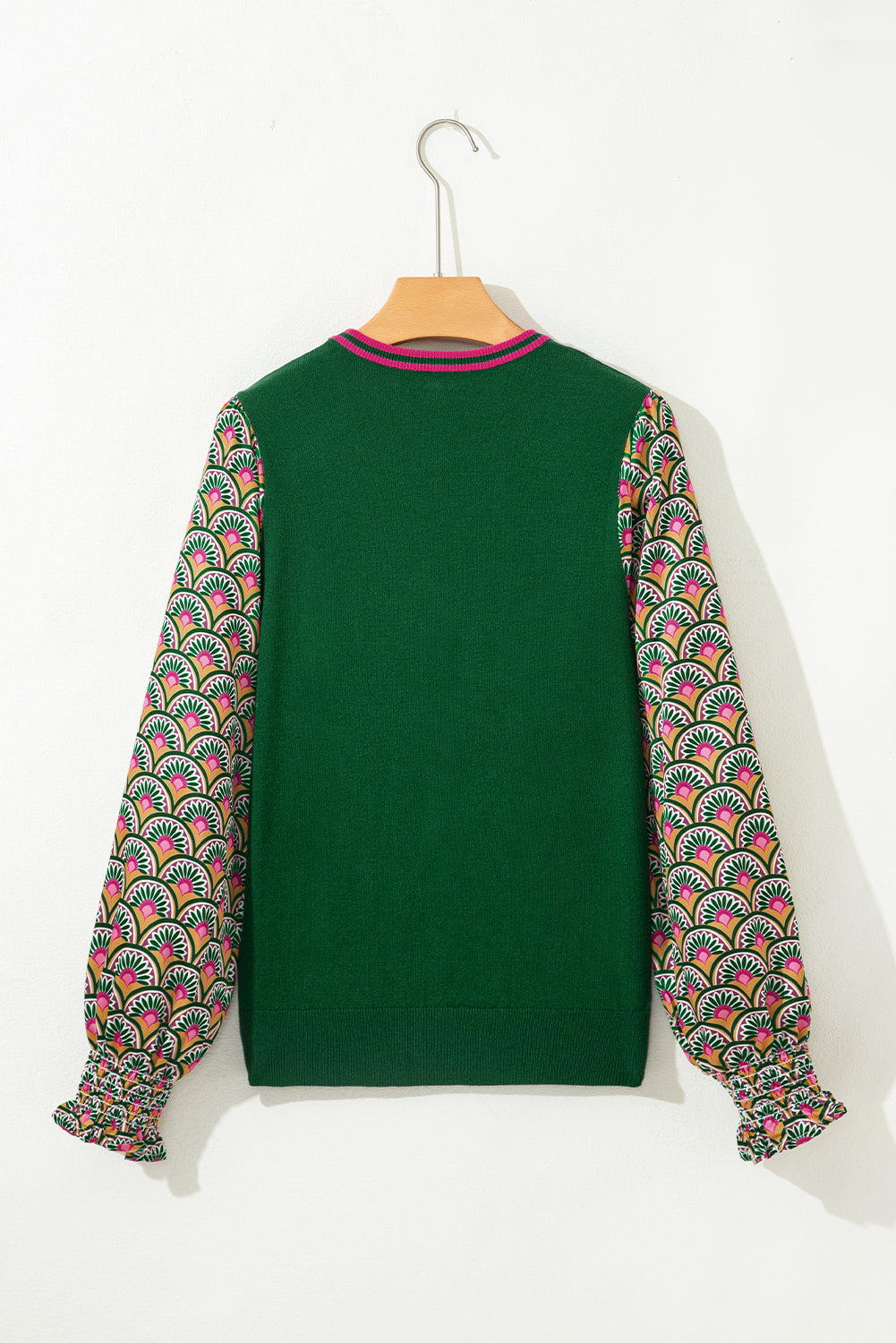 Floral Patchwork Shirred Cuff Puff Sleeve Sweater