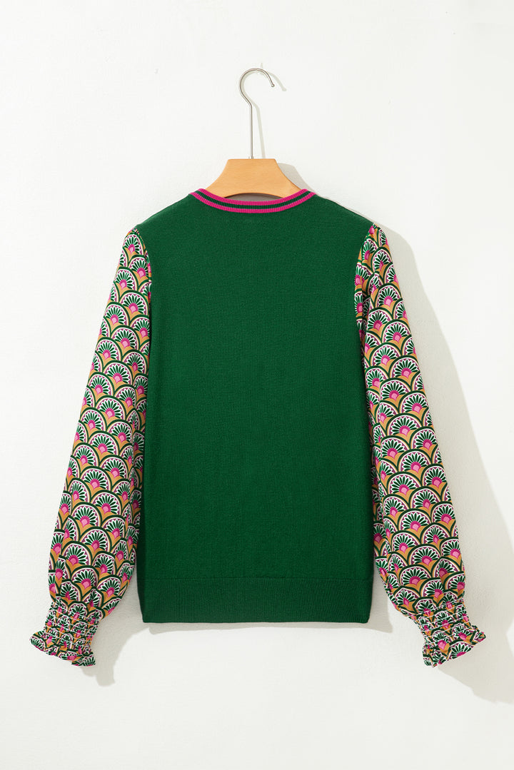 Floral Patchwork Shirred Cuff Puff Sleeve Sweater