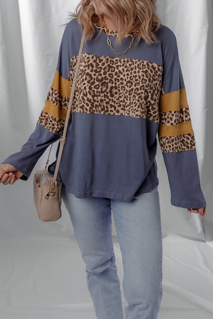 Leopard Colorblock Patchwork Long Sleeve 100%Cotton Top