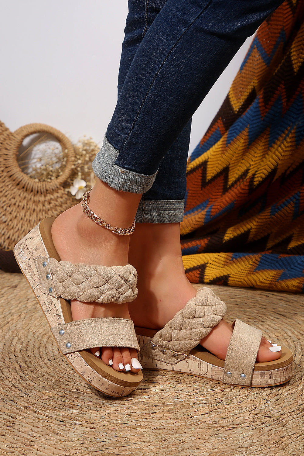 Woven Suede Band Wedge Slippers