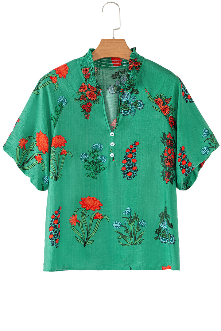 Floral Print Buttoned V Neck Short Sleeve Blouse