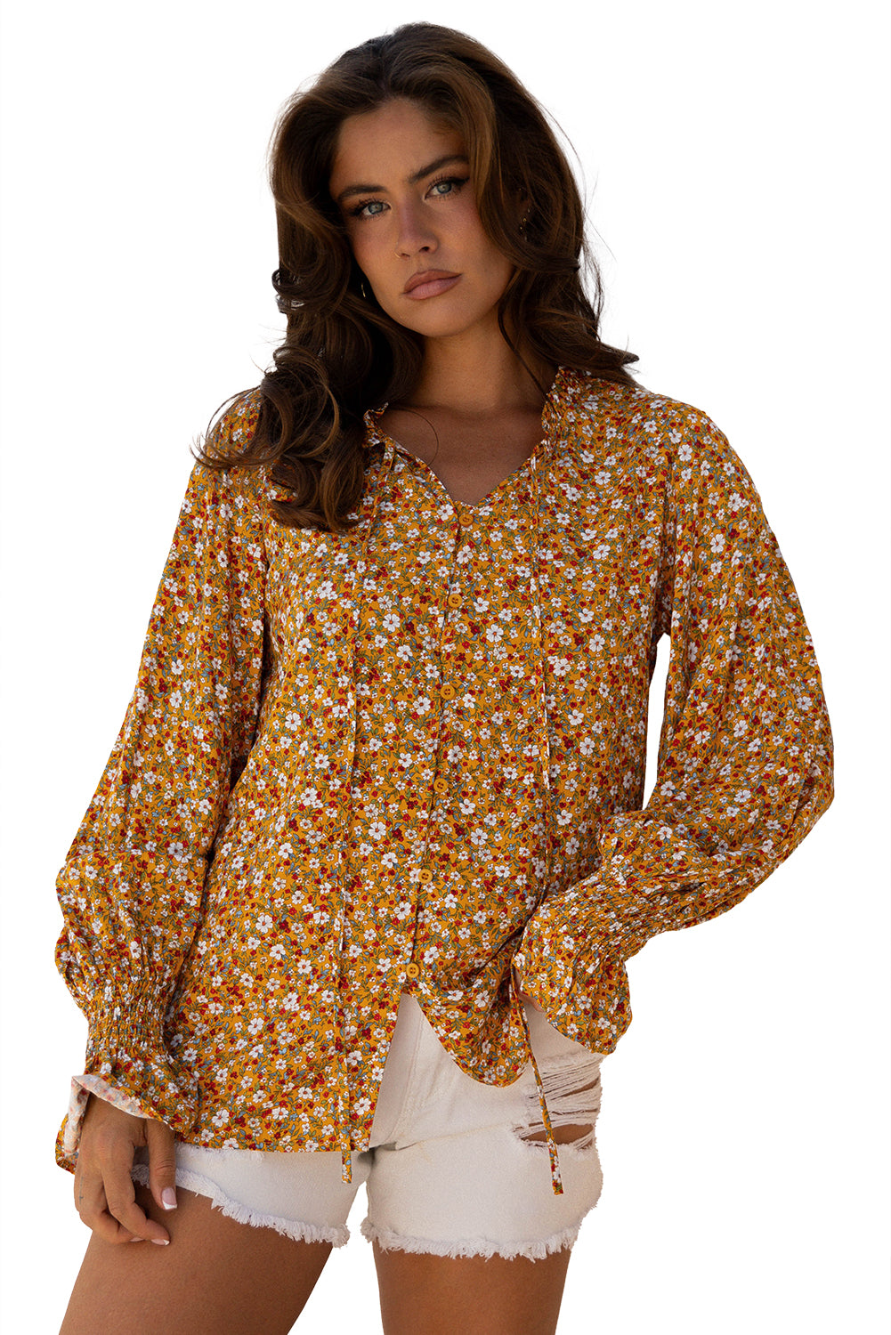 Boho Floral Ruffled Bubble Sleeve V Neck Fall Blouse