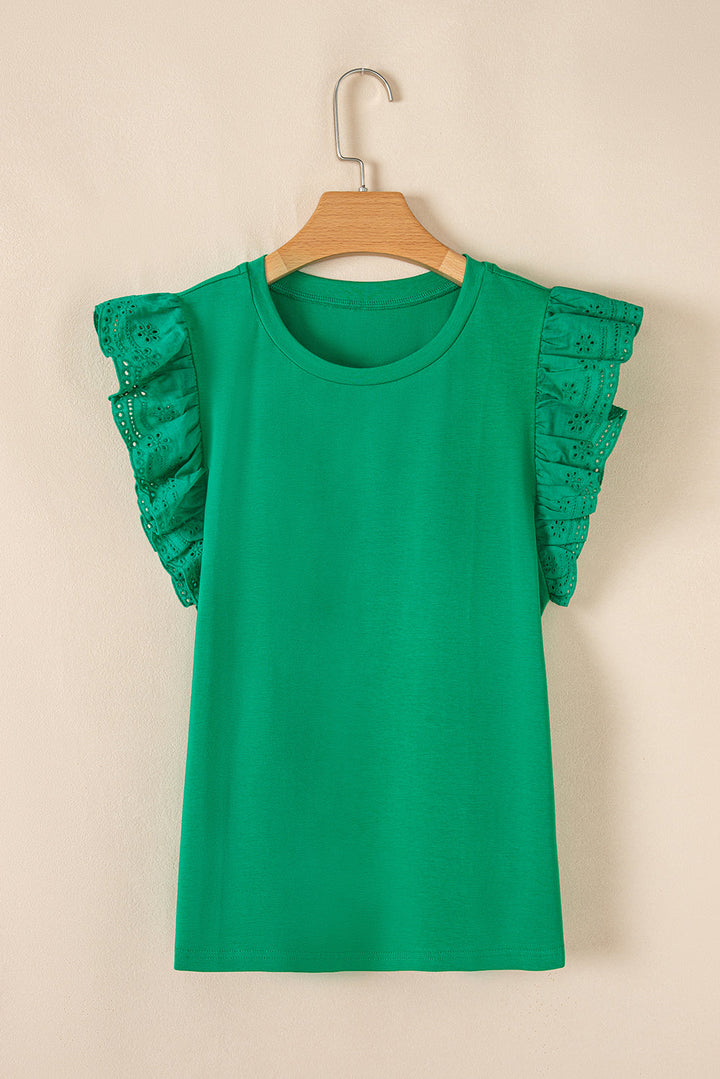 Embroidered Ruffled Sleeve Slim Fit Crew Neck Top
