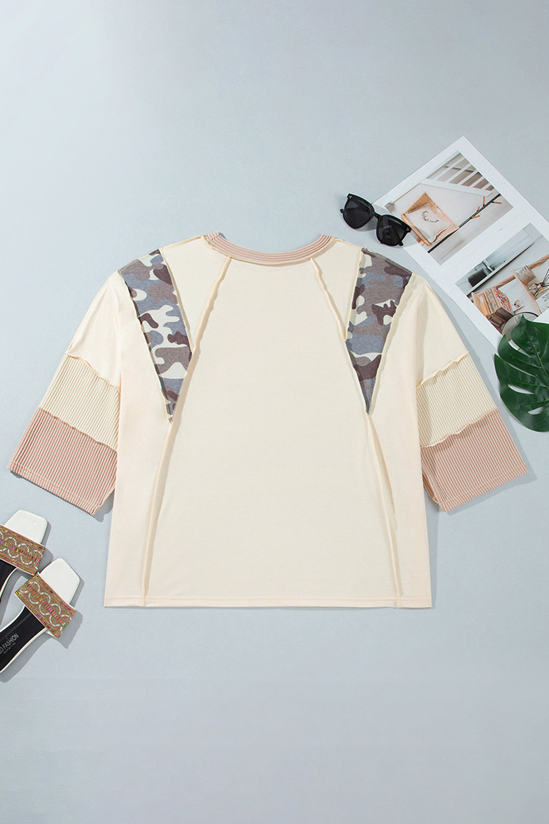 Apricot Camouflage Round Neck Loose Fit Plus Size Blouse