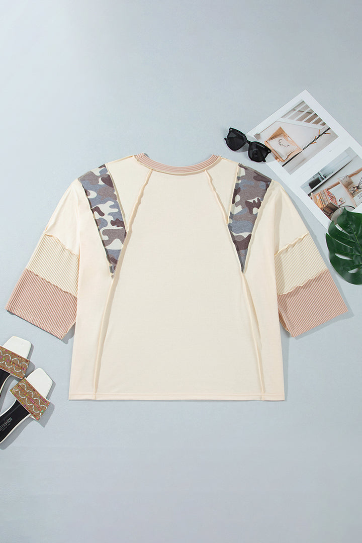 Apricot Camouflage Round Neck Loose Fit Plus Size Blouse