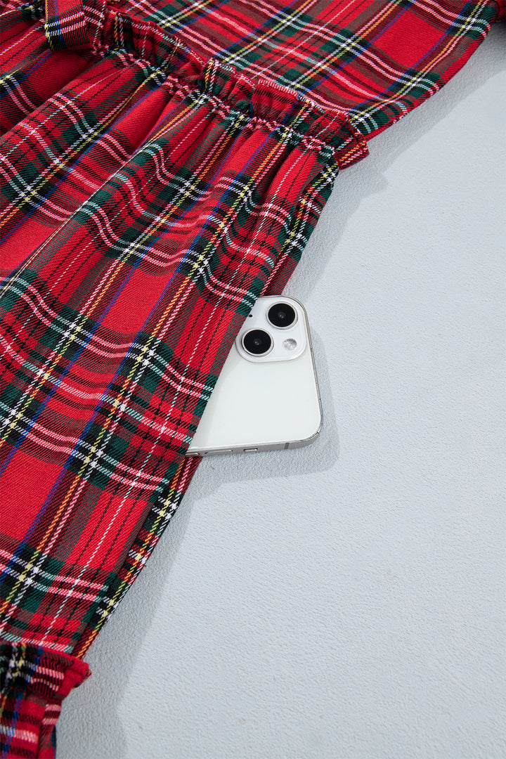 Red Plaid Knot Neck Short Sleeve Mini Shift Dress