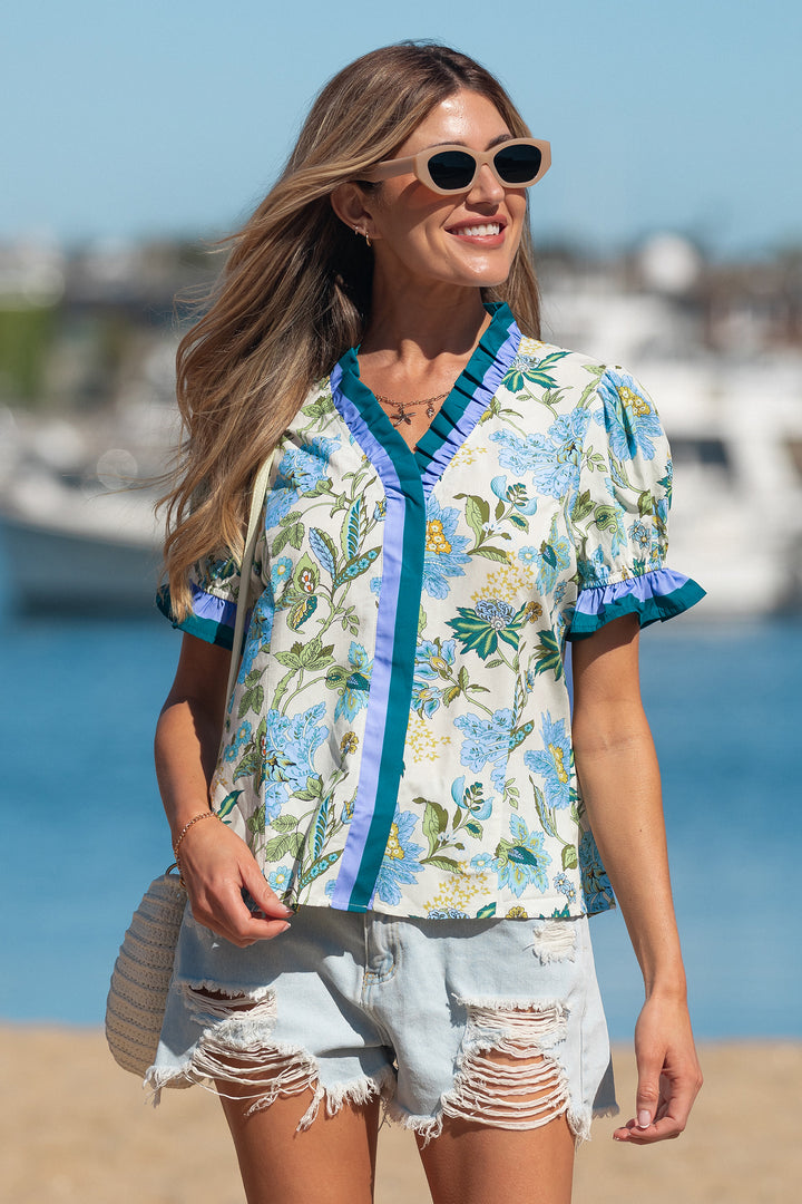 Floral Print Contrasted Frilled Striped Trim Short Sleeve Blouse