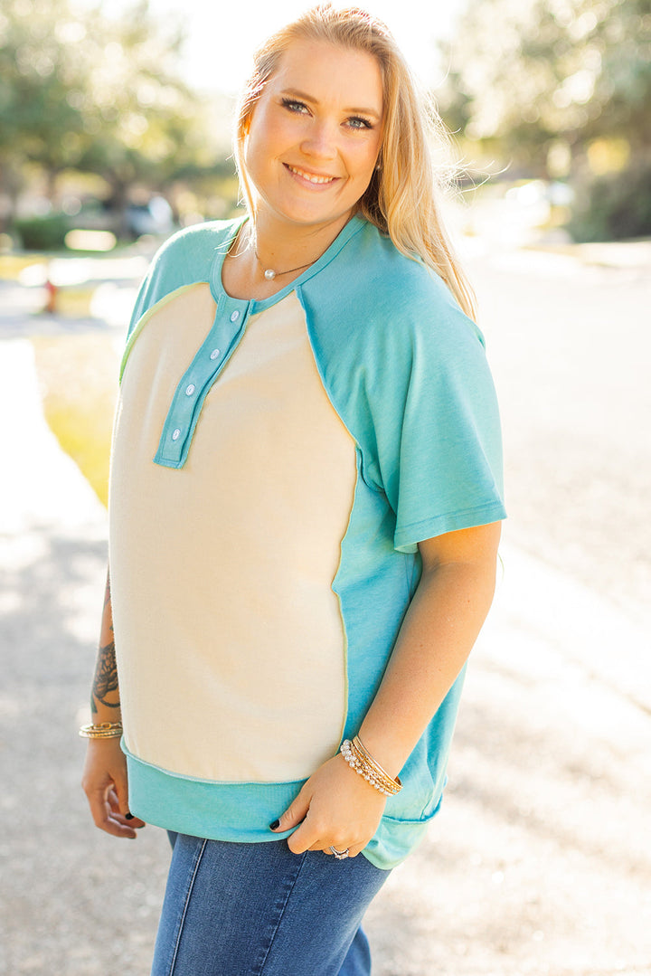 Color Block Raglan Sleeve Buttoned Plus Size T Shirt