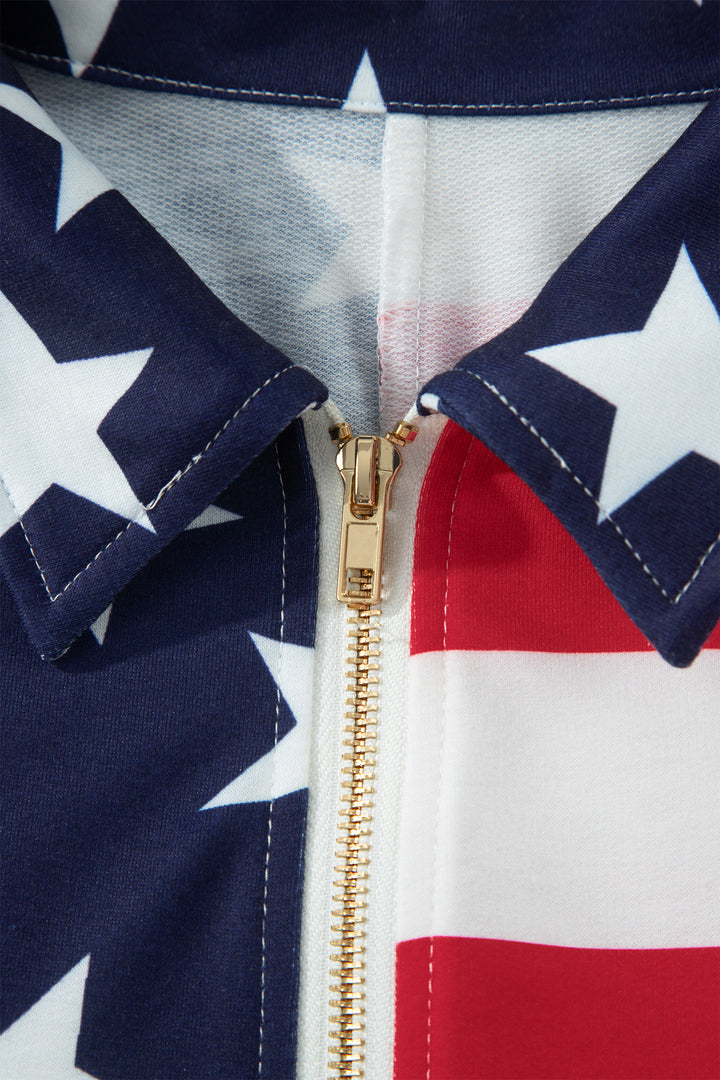 Multicolour Stars Stripes American Flag Zipped Collar Oversized Sweatshirt