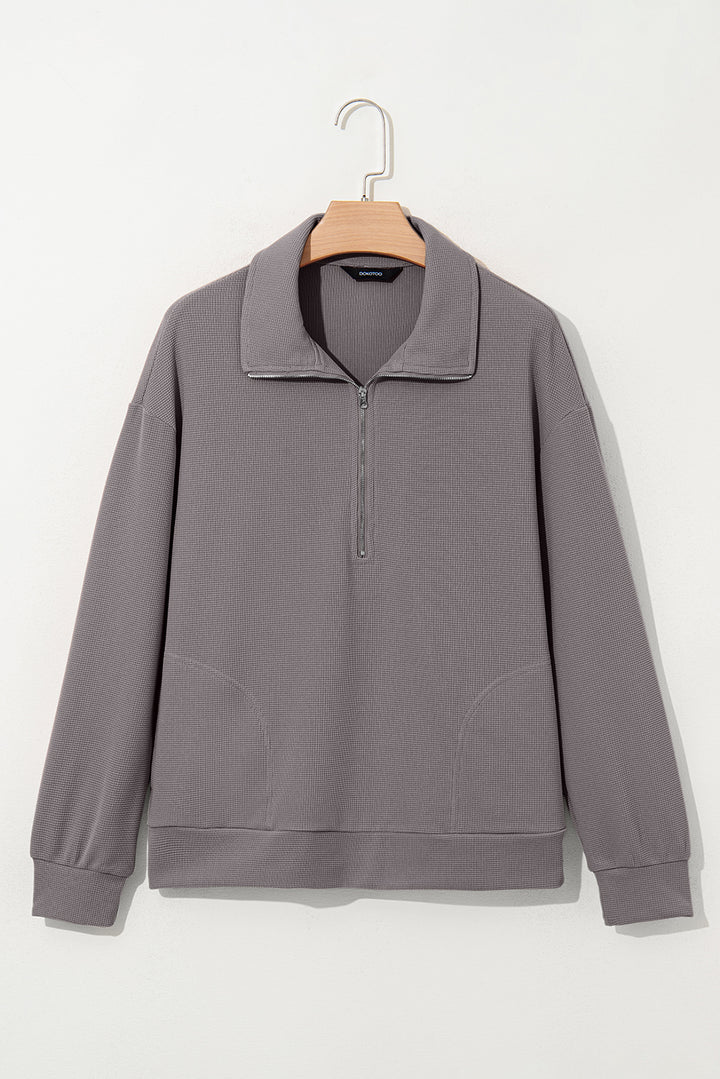 Gray Waffle Texture Collar Half Zip Pocketed Drop Shoulder Sweatshirt