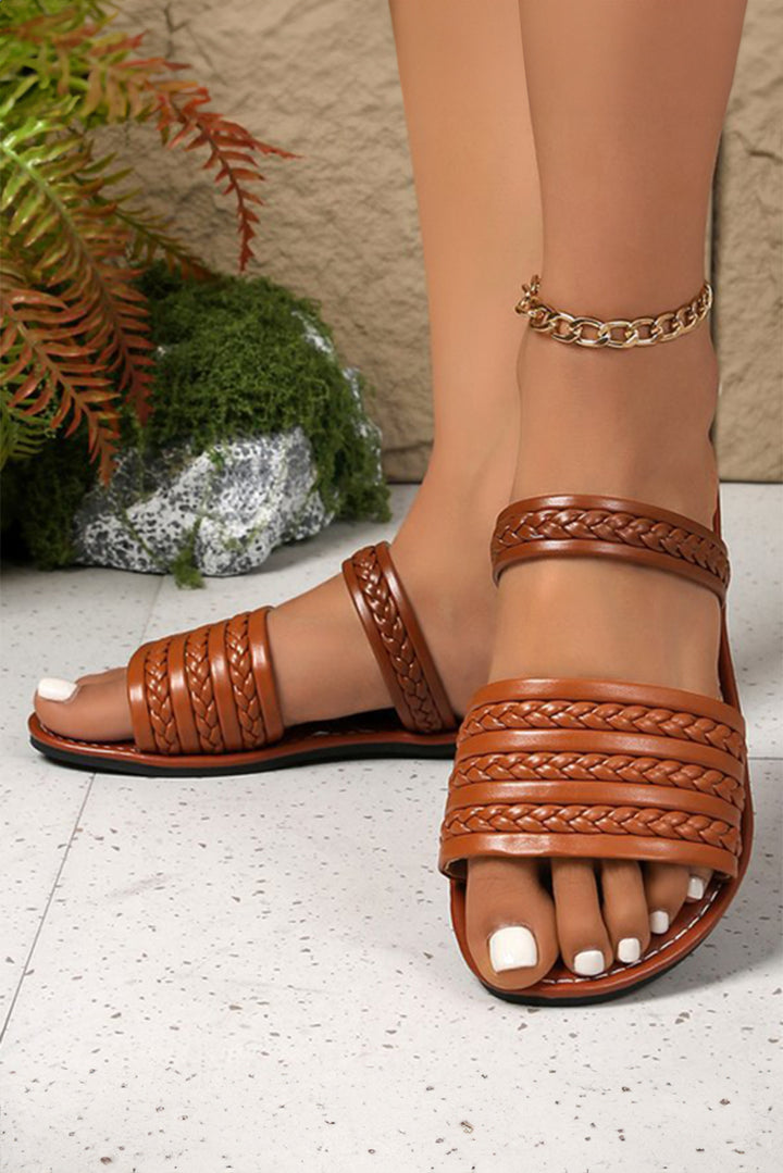 Woven Band Faux Leather Flat Slippers