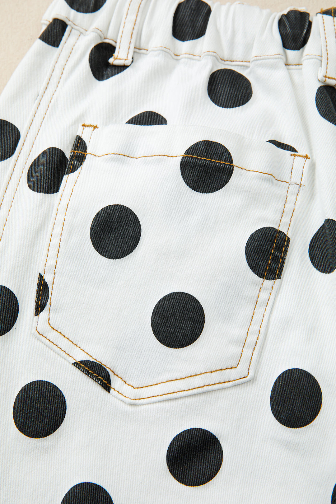 White Polka Dot Print Bow Detail Pocketed Barrel Jeans