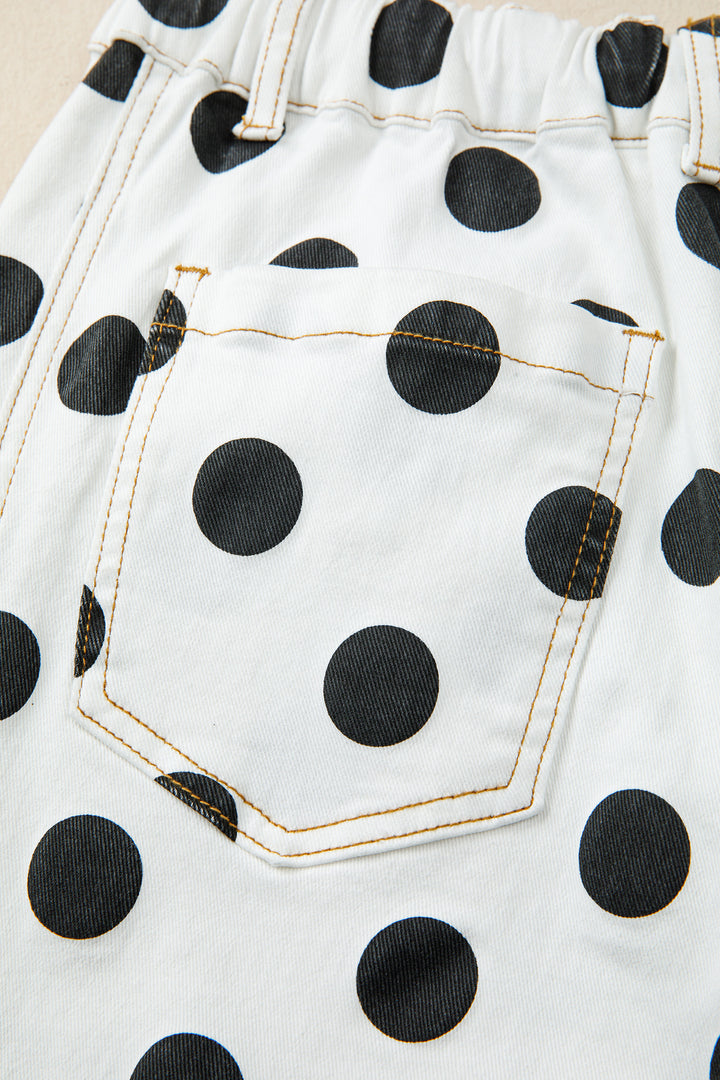 White Polka Dot Print Bow Detail Pocketed Barrel Jeans