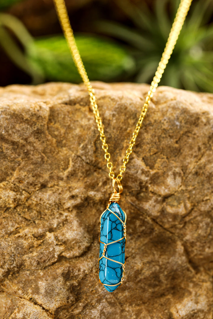 Gold Wire Wrapped Turquoise Pendant Necklace