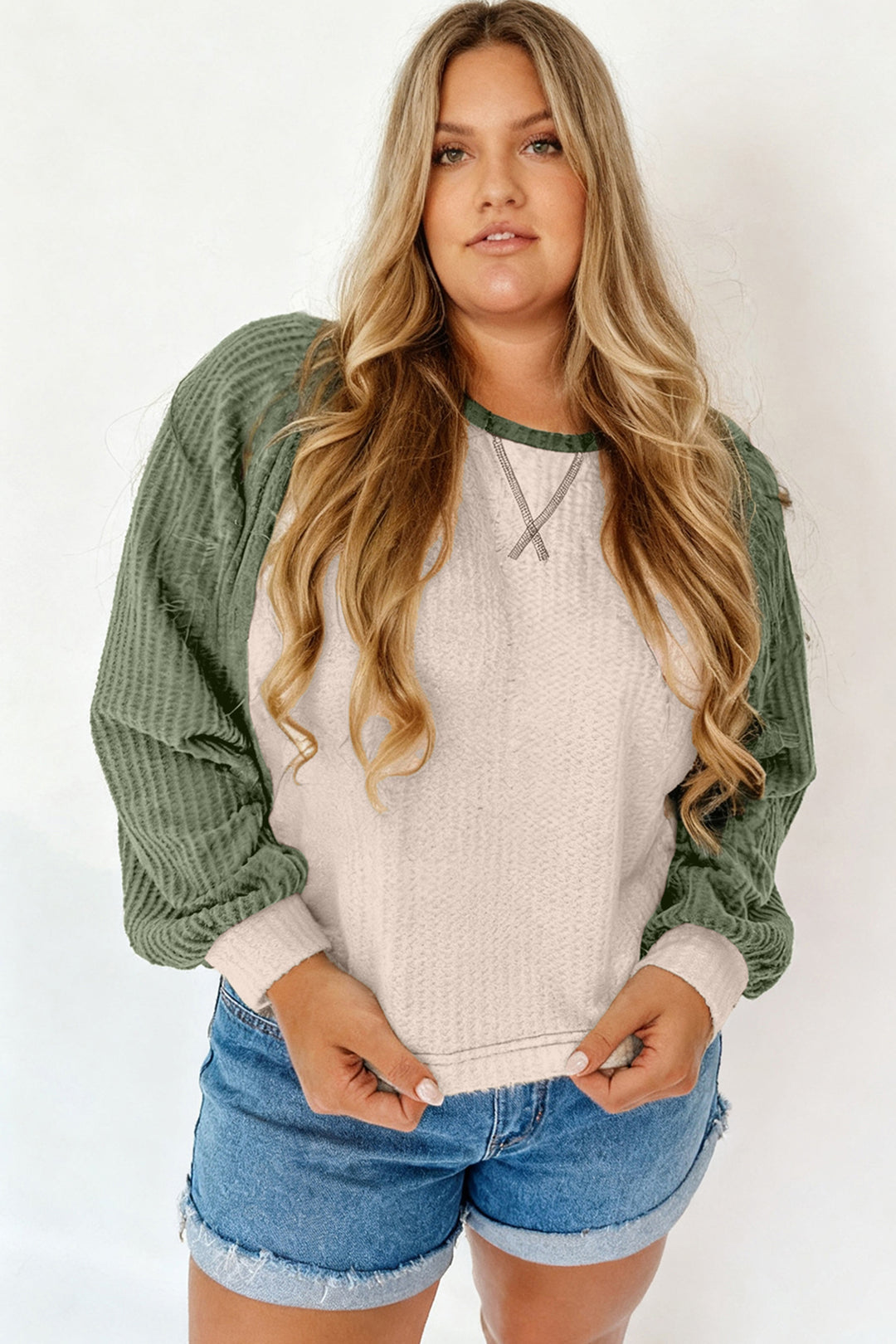 Mist Green Plus Size Waffled Color Block Long Sleeve Top