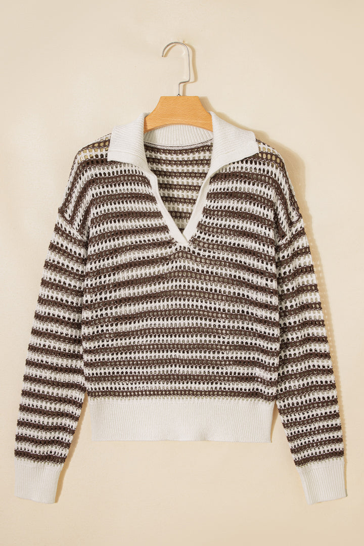 Eyelet Hollow-out Contrast Collared Pullover Chic Sweater