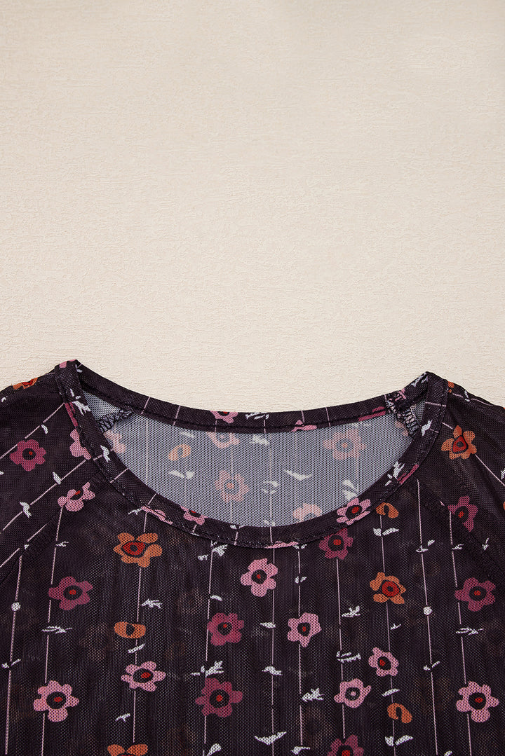 Floral Print Smocked Cuff Slim Fit Mesh Bodysuit