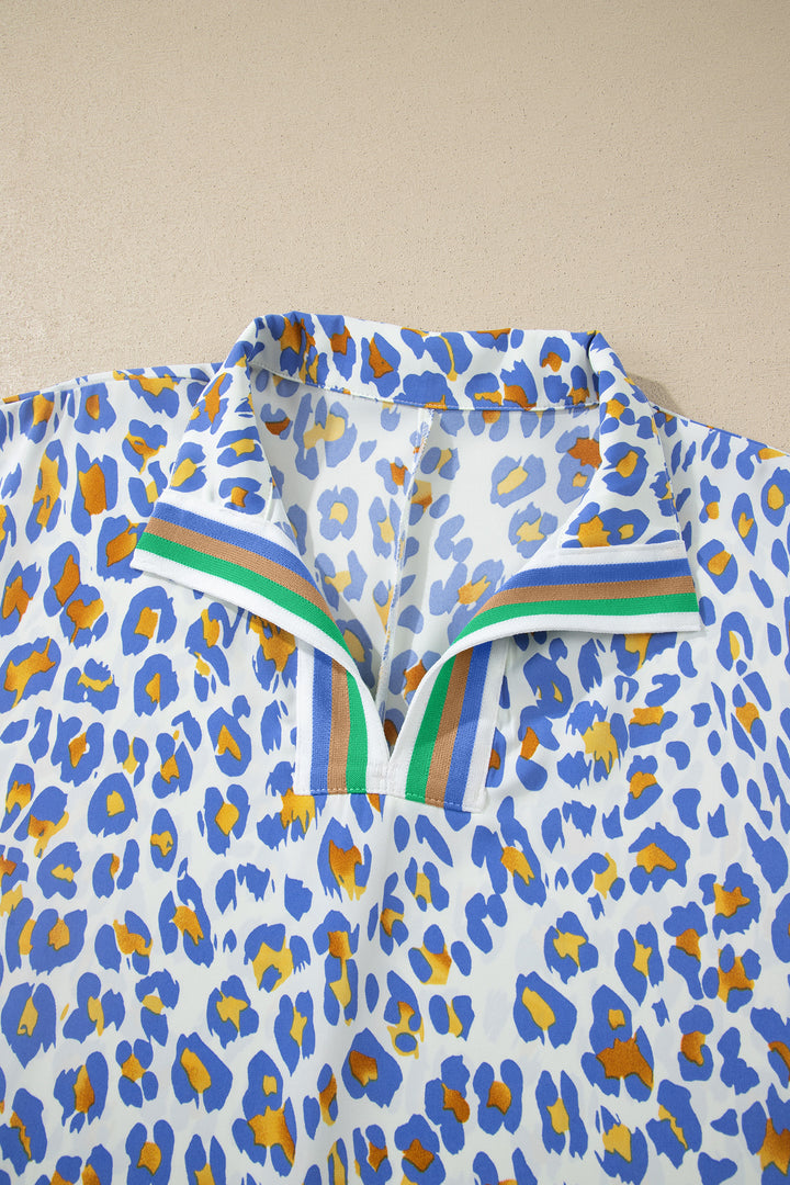 Sky Blue Leopard Color Block Contrast Striped V Neck Half Sleeve Loose Fit Blouse