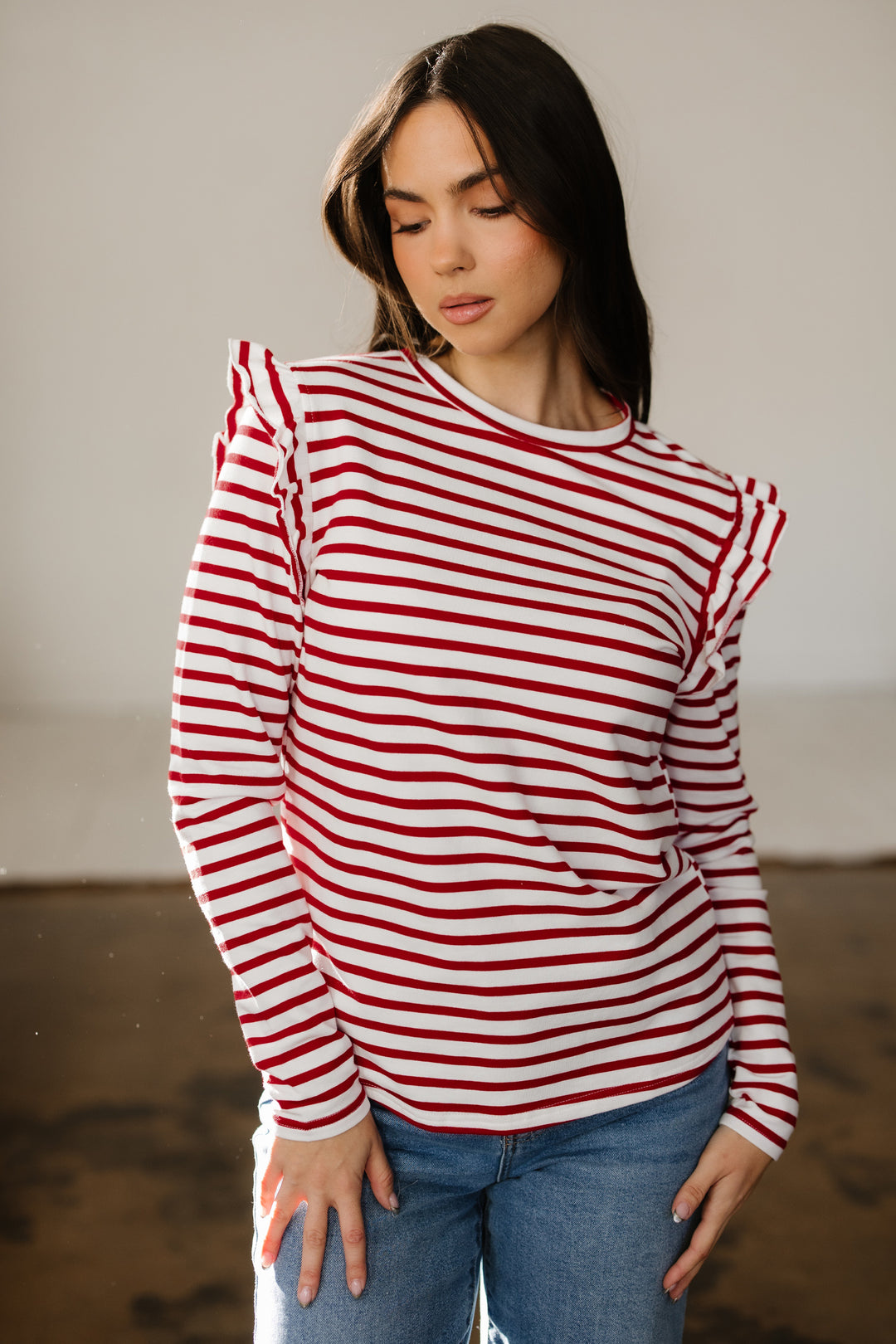 Round Neck Ruffle Trim Long Sleeve Top