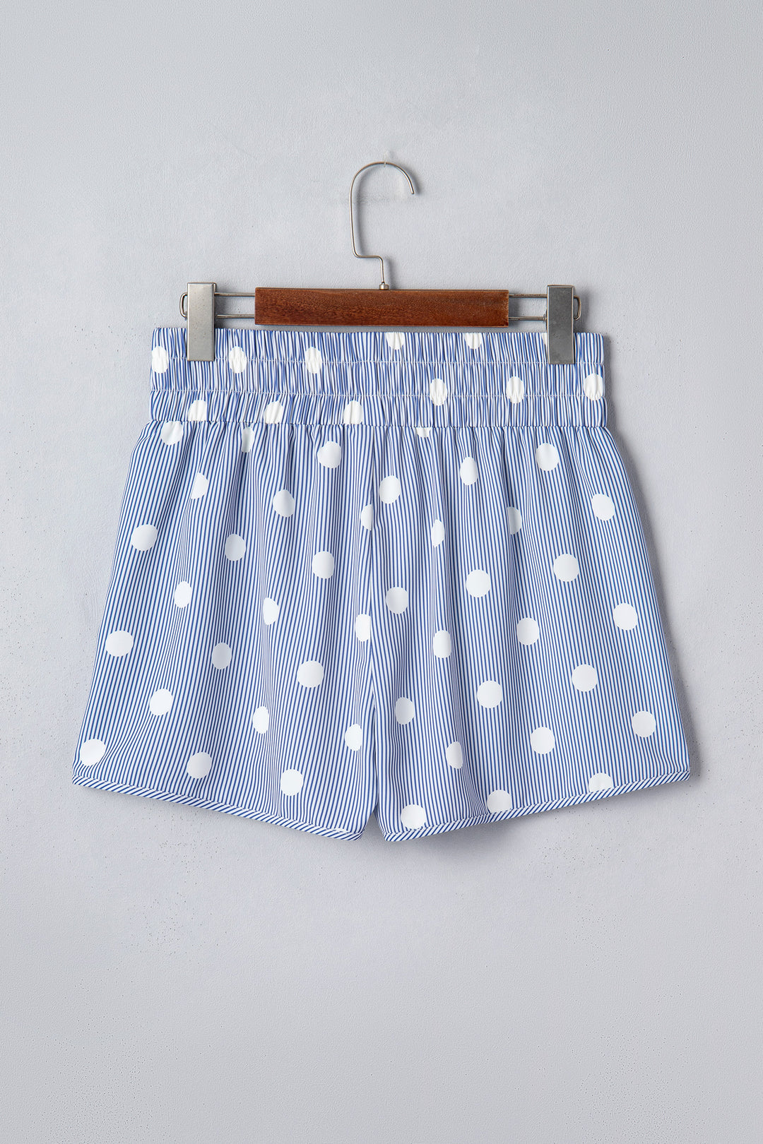 Sky Blue Polka Dot Print Shirred High Waist Casual Shorts