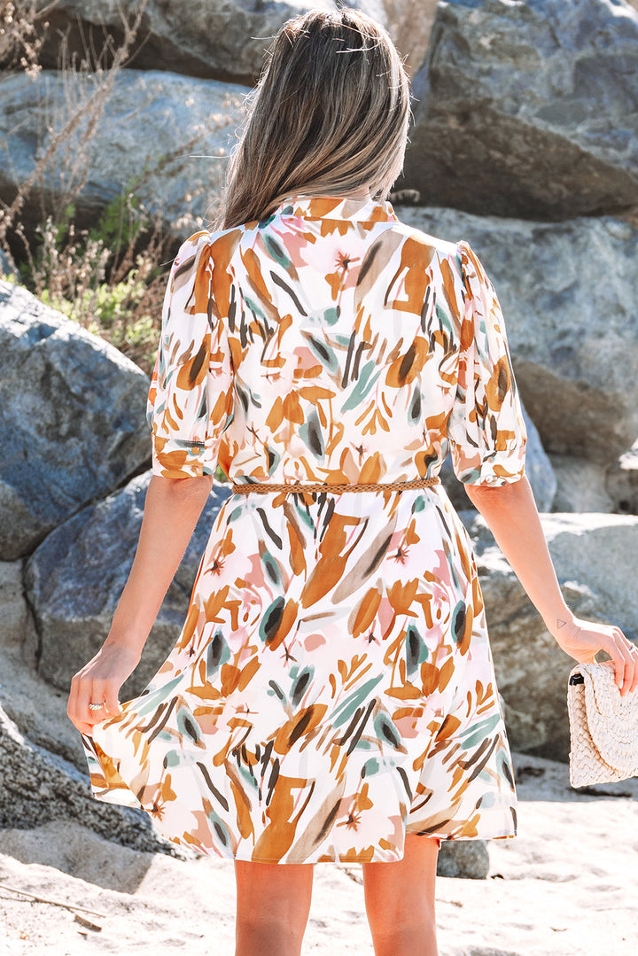 Abstract Printed Puff Sleeve Button Up Braided Belt Mini Dress