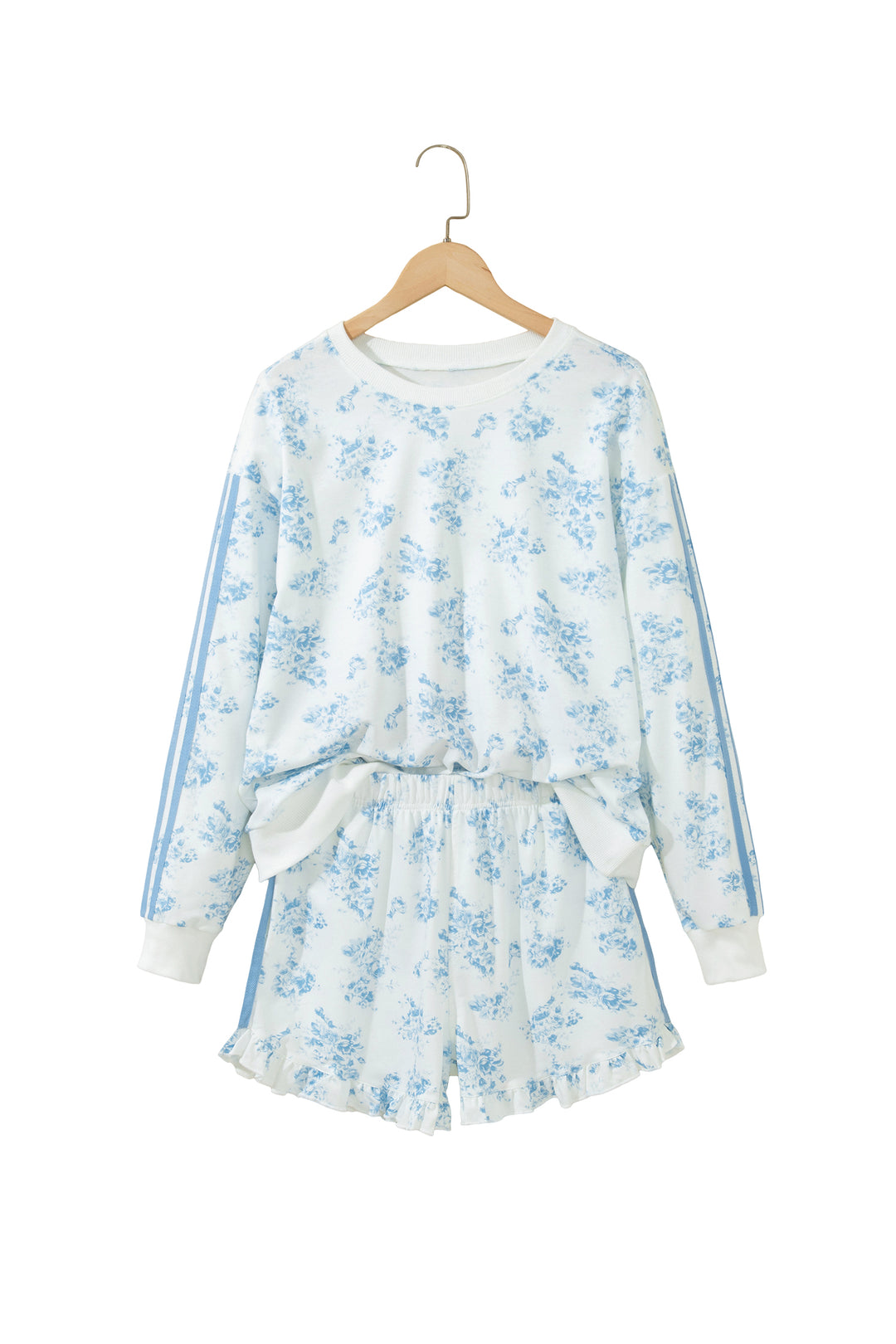 Sky Blue Floral Print Long Sleeve Top Ruffle Hem Shorts 2pcs Set
